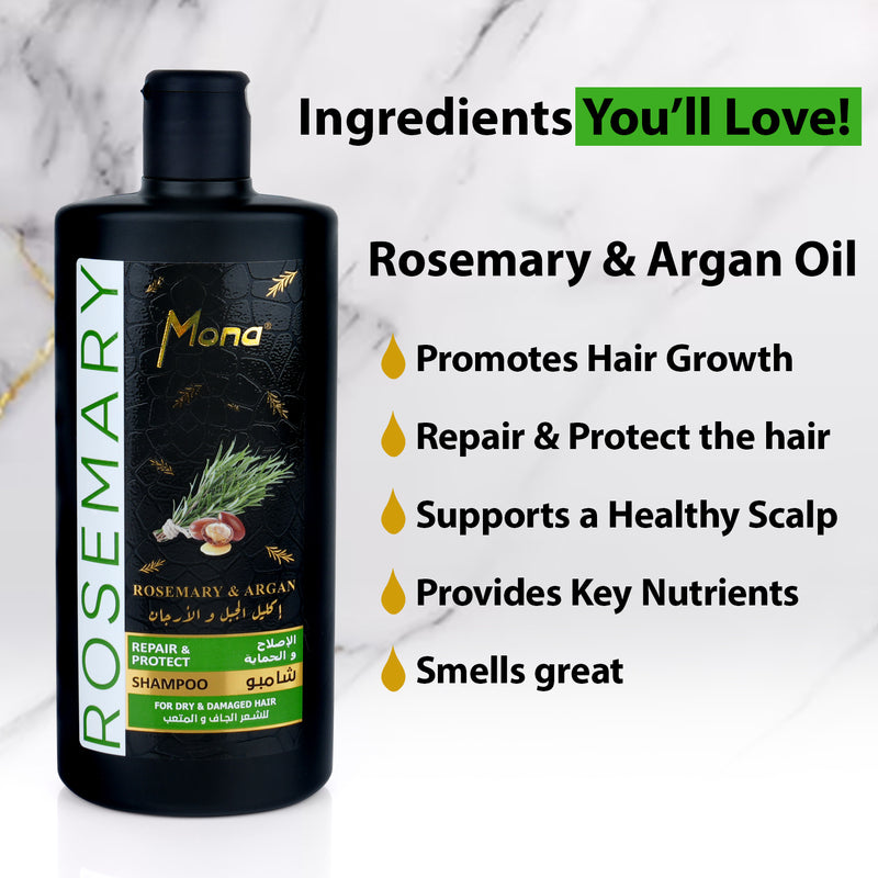 Mona Rosemary and Argan Strengthening Shampoo: Cleanses and Helps Strengthen Dry & brittle Hair - Volumizing Formula for Thicker Healthier Hair with Rosemary Essential Oil -Reduce Frizz and Add Shine to Damaged Hair for Men & Women 440ML